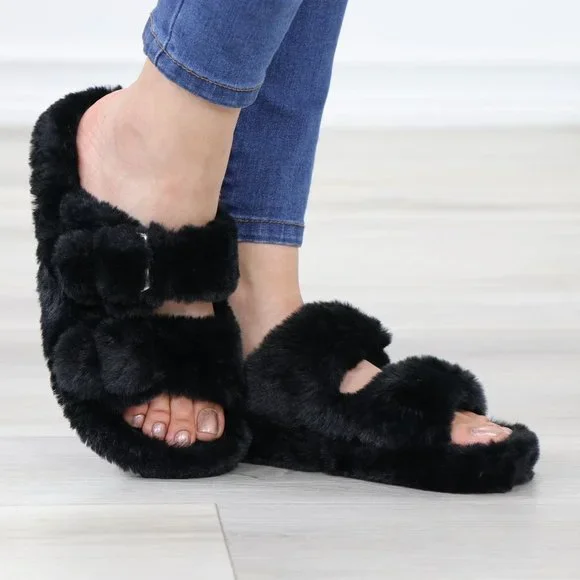 Black Puff Fuzzy Fluffy Slip On Plush Slippers Double Strap - Picture 11 of 15